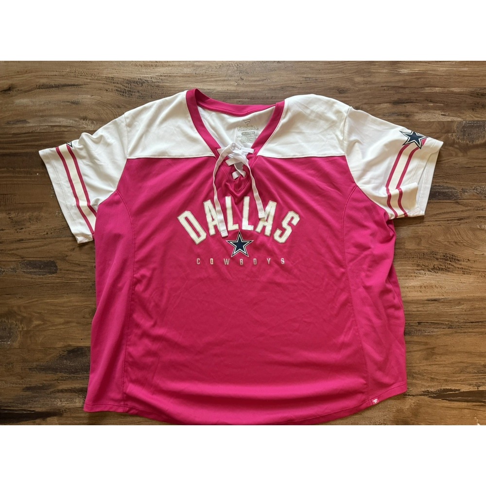 Fanatics Dallas Cowboys Woman's V-neck Lace Up Pink White Tee Size 3XL